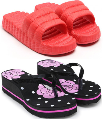 Skytrap Women Flip Flops(Red, Purple , 4)