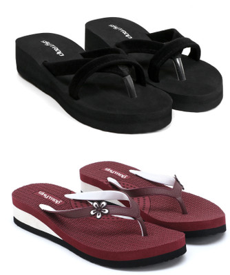 HOC Women Slippers(Black, Maroon , 3)