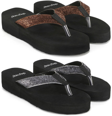Skytrap Women Stylish Comfortable and Trending Medium Heel Flip Flops Combo of 2 Flip Flops(Black, Grey, Brown , 7)