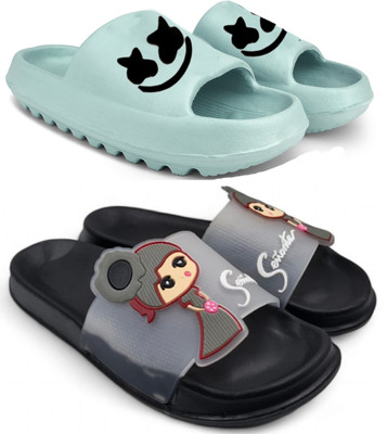 Kapani Fashion Women Women Combo Pack of 2 Lightweight Flipflops, Slipper, Slides (Green, Black , 5) Slides(Green, Black , 5)