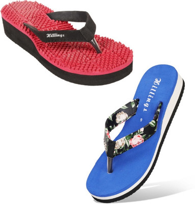 Hillings Women Flip Flops(Red, Blue , 5)