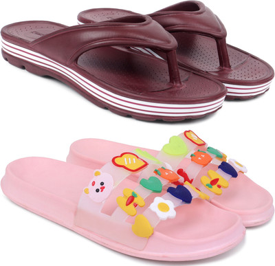 Kapani Fashion Women Women Combo Pack of 2 Lightweight Flipflops, Slipper, Slides (Maroon, Pink , 6) Slides(Maroon, Pink , 6)
