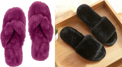 rexizone Women Slides(Black, Purple , 6)