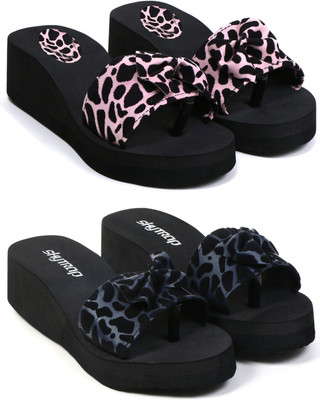 Skytrap Women Stylish and Comfortable Trending Light Weight Printed Combo of 2 Slippers(Pink, Blue , 8)