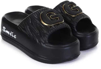 flex fly Women Flip Flops(Black , 7)