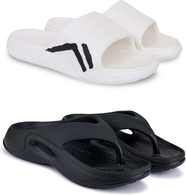 KAPYANSH Men Slippers(White, Black , 9)