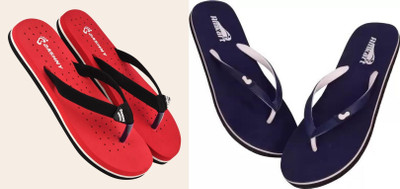 DASHNY Women Flip Flops(Blue, Red , 5)