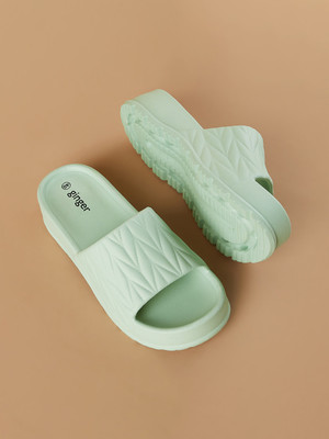 Ginger by Lifestyle Women Textured Platform Sliders Slides(Green , 8)