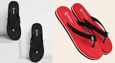 DASHNY Women Flip Flops(Black, Red , 5)