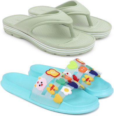 Kapani Fashion Women Women Combo Pack of 2 Lightweight Flipflops, Slipper, Slides (Green, Blue , 5) Slides(Green, Blue , 5)