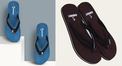 DASHNY Women Flip Flops(Blue, Brown , 9)