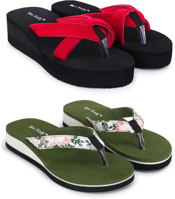 TWO SOFT Women Combo Pack Of 2 Women Slipper Stylish Casual Light & Soft Comfortable Daily Wear Flip Flops(Red, Green , 7)