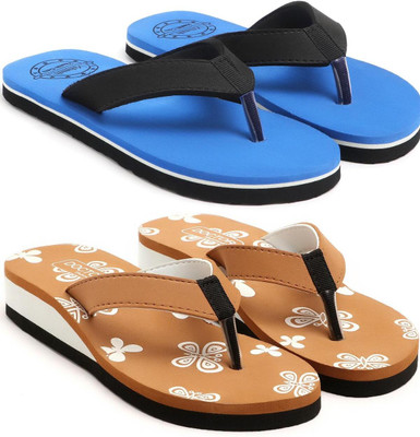 VAHMAH Women Slippers(Blue, Tan , 5)