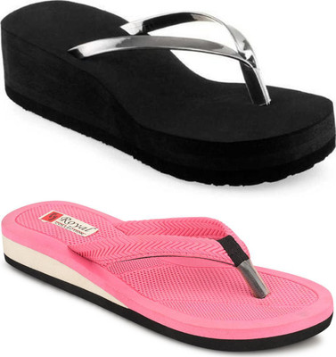 kishu Women Flip Flops(Black, Pink , 3)