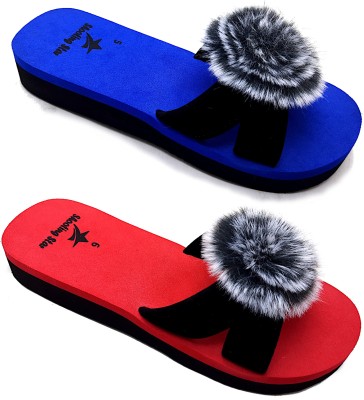 Shooting Star Women Flip Flops(Red, Blue , 4)