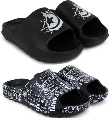 Pampy Angel Men Men Classic, Lightweight, Flipflops, Slipper, Slides, Chappal, Sliders Pack of 2 Slides(Black, Black , 10)