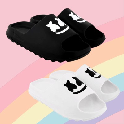 Fuliva Men Slides(Black, White , 7)