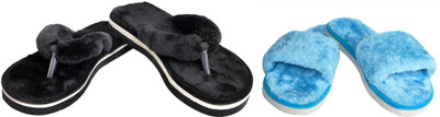 rexizone Women Flip Flops(Black, Blue , 5)