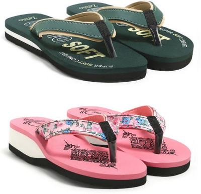 zebio Women Slippers(Green, Yellow, Pink , 8)