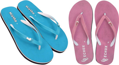 NISTHA Women Flip Flops(Blue, Pink , 7)