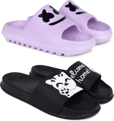 KAPYANSH Women Slides(Purple, Black , 5)