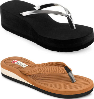 kishu Women Flip Flops(Silver, Black, Brown , 8)