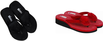 BOOMBEAUTY Women Flip Flops(Black, Red , 7)