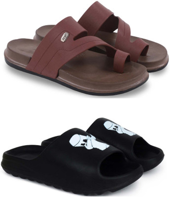 KAPYANSH Men Slippers(Brown, Black , 9)