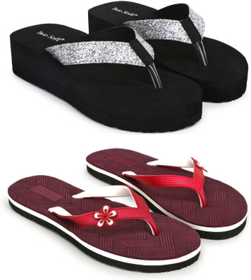 TWO SOFT Women Pack Of 2 Combo Stylish Extra Comfort Lightweight Dailywear Used Slippers(Silver, Maroon , 7)