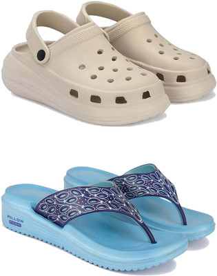 Pennen Women Flip Flops(Blue, Beige , 7)