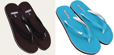 DASHNY Women Flip Flops(Brown, Blue , 7)