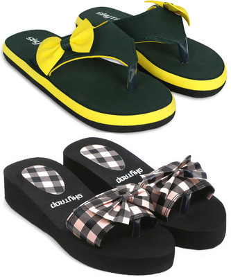 Skytrap Women Stylish Comfortable and Trending Checkered Flip Flops Slide Combo of 2 Slippers(Yellow, Pink , 6)