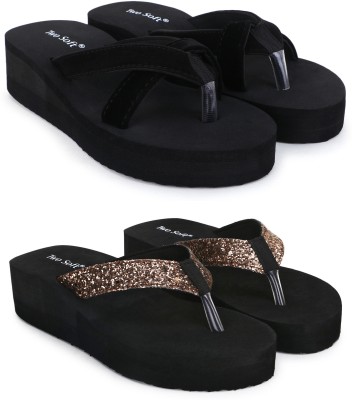 TWO SOFT Women Flip Flops(Black, Gold , 8)