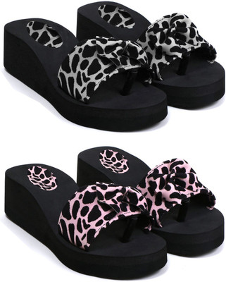 Skytrap Women Stylish Comfortable and Trending Printed Flip Flops Slide Combo of 2 Slides(Black, Pink , 8)