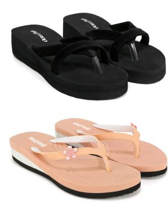 HOC Women Slippers(Black, Beige , 7)