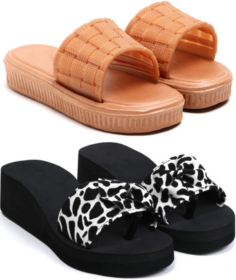 Skytrap Women Slippers(Brown, White , 7)