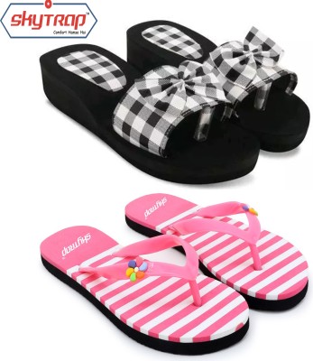 Skytrap Women Slippers(Black, Pink , 4)