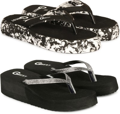 G Best Women 2 Pair of Women Flip Flop Slipper Flip Flops(Silver, Black , 6)