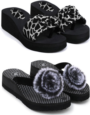 Skytrap Women Stylish Comfortable and Trending Printed Flip Flops Slide Combo of 2 Slides(Black , 8)
