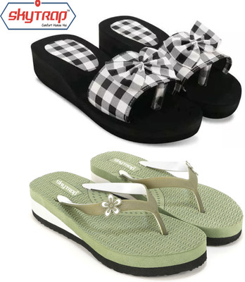 Feens Women Stylish and Comfortable Trending Light Weight Checkered Flipflop Combo of 2 Slippers(Multicolor , 6)