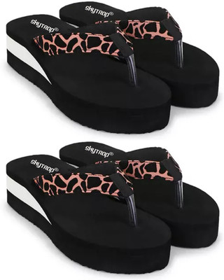 Skytrap Women Stylish Comfortable and Trending Light Weight Flip Flops Combo of 2 Slippers(Brown , 6)