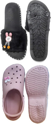 ESA Women Slippers(Black, Pink , 4)