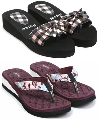 Feens Women Stylish and Comfortable Trending Light Weight Checkered Flipflop Combo of 2 Flip Flops(Pink, Maroon , 8)