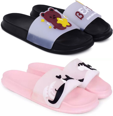 Pampy Angel Women Women Classic Trendy Flipflops, Slipper, Sliders, Chappal Combo Pack of 2 Flip Flops(Black, Pink , 4)