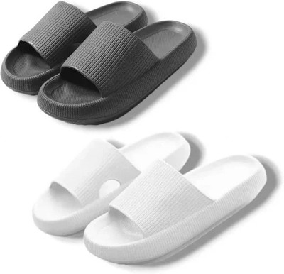 TUSHIKA Men Flip Flops(Black, White , 8)