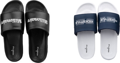 KICKSTYLE Men Slides(Black, White , 8)