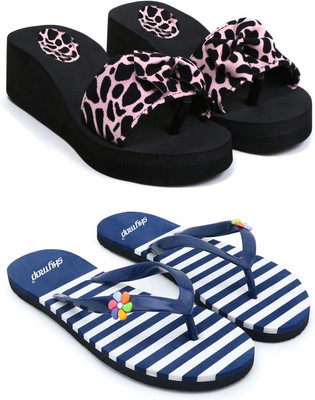 Skytrap Women Stylish Comfortable and Trending Printed Flip Flops Slide Combo of 2 Slippers(Pink, Blue , 8)