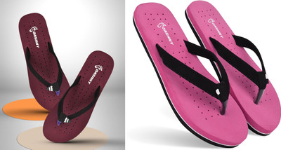 DASHNY Women Flip Flops(Maroon, Pink , 4)