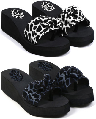 Skytrap Women Stylish Comfortable and Trending Printed Flip Flops Slide Combo of 2 Slippers(White, Blue , 4)