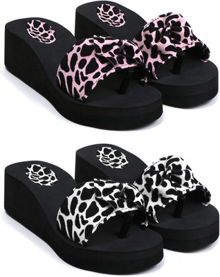 Skytrap Women Stylish Comfortable and Trending Printed Flip Flops Slide Combo of 2 Slippers(Pink, White , 8)